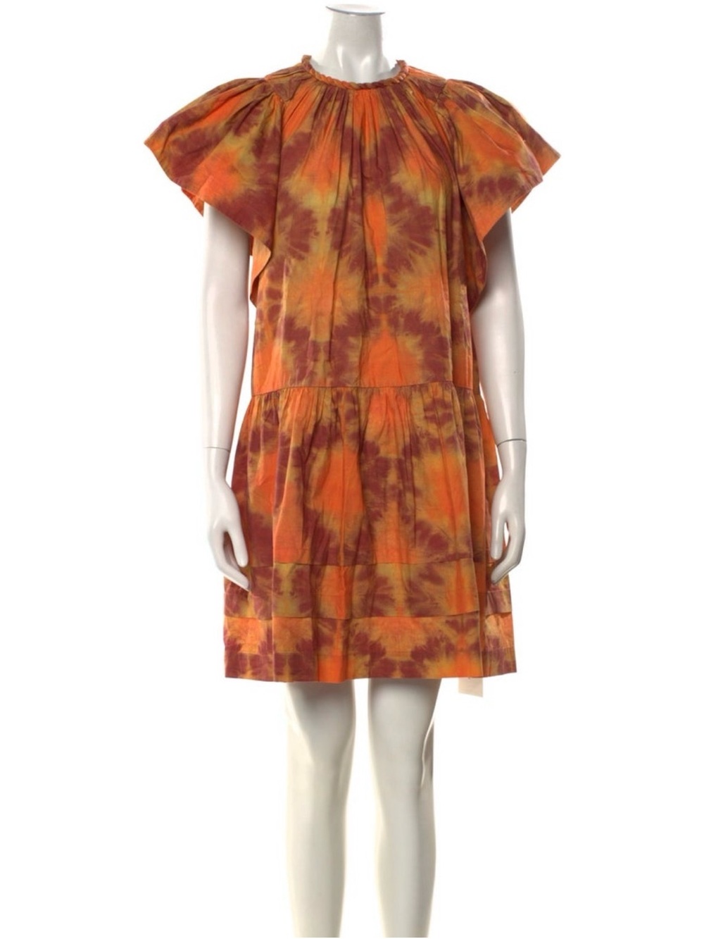 Ulla Johnson Tie-Dye Flutter Sleeve Drop-Waist Dress in Orange and Rust